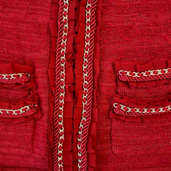 WHBM Cranberry knit sweater with gold chain and lace trim.  Size S.  Excellent - Picture 3 of 3